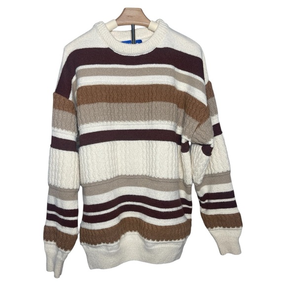 Aelfric Eden | Chunky Knit Striped Oversized Crewneck Grandpa Sweater Neutral - Picture 2 of 9